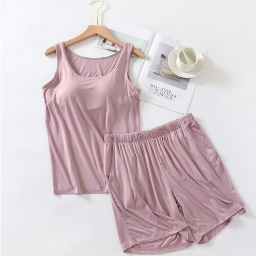 Summer Womens Pajamas Set Modal Cotton Vest Shirt Shorts 2 Pieces Suit Bra Padded Soft Sleepwear Slim Student Nightwear Pijama