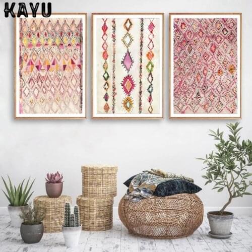 Moroccan Rug Pink Posters and Prints Eclectic Home Decor , Bohemian Art Watercolor Canvas Painting Pictures Wall Decoration