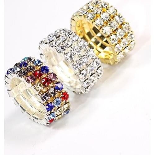 Trendy Colorful Rainbow Multilayer 3 rows chain Rhinestone Sparkling Shiny Elastic Ring For Women bridal Fashion Jewelry