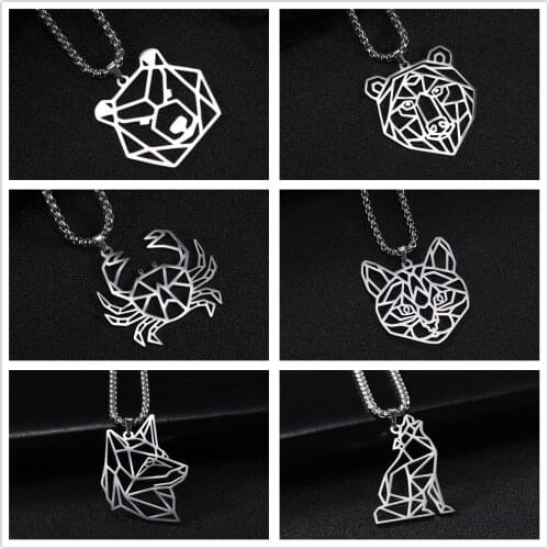 Teamer Stainless Steel Animal Pendant Necklace Wolf Dog Cat Bear Lion Ericius Crab Shrimp Long Box Chain Men Necklaces Jewelry