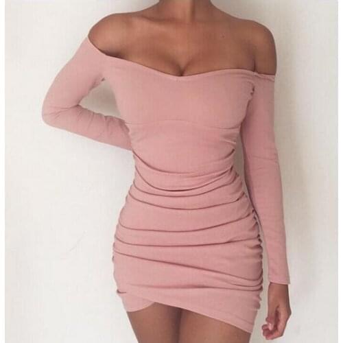 Solid Color Long Sleeve Bandage Tight Dress for Women Sexy Slim Nightclub Dress Female Off Shoulder Mini Party Dresses