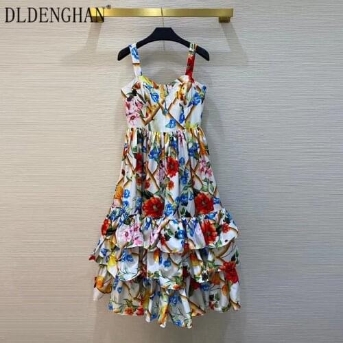 DLDENGHAN Sexy Backless Bohemian Sling Dress For Women Square Collar High Waist Flower Print Folds Dresses Summer Fashion New