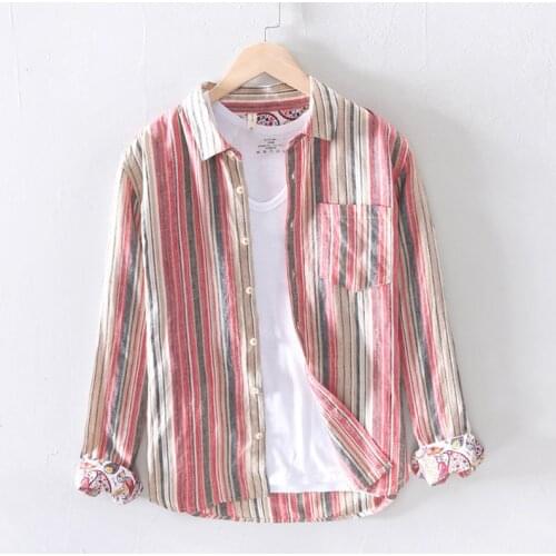 Men Spring Summer Fashion Japan Harajuku Simple Style High End Linen Striped Shirts Male Casual Double Side Printed Chic Shirts