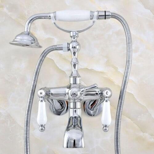 Silver Polished Chrome Brass Wall Mounted Dual Ceramic Handles Clawfoot Bathtub Faucet Handshower - Adjusts From 3-3/8" aqg420