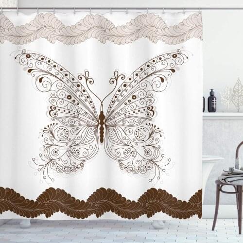 Sepia White Butterfly Shower Curtain Butterfly Artwork Swirled Wings Vintage Ornate Fashion Style Print Bathroom Curtain