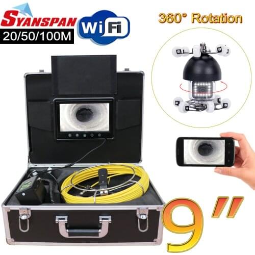 SYANSPAN 9" WiFi Pipe Inspection Video Camera,Drain Sewer Pipeline Industrial Endoscope support Android/IOS 360 Rotation 20-100M