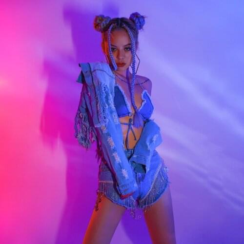 Jazz Hip Hop Dance Clothing Rave Outfit Nightclub Bar Performance Stage Wear Girls Jeans Dj Gogo Ds Pole Dance Costume YS1206