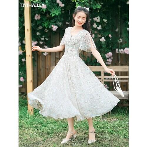 TIYIHAILEY Free Shipping 2021 New Fashion Women Chiffon Long Mid-Calf Short Sleeve Summer Boshow Bohemian Dress S-L Print V-neck