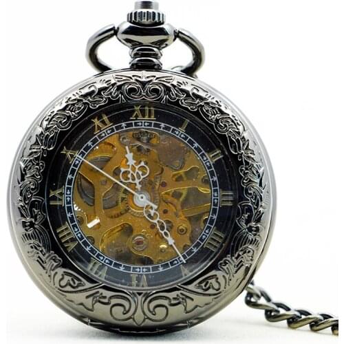 Vintage Black Glass Roman Number Carving Hand Wind Mechanical Pocket Watch Skeleton Steampunk Luxury Pendant Chain Gifts