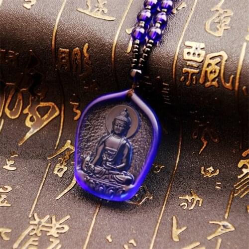 High Quality Unique Natural Blue Crystal Carved Buddha Lucky Amulet Pendant Necklace For Women Men Sweater Pendants Jewelry New