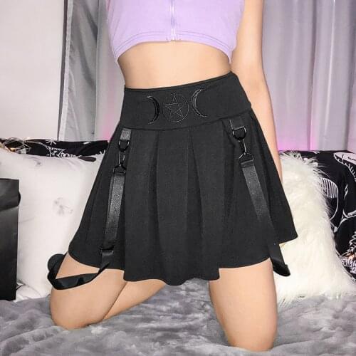 Women Girlss Black Gothic Skirt Punk Rock Students Lolita Cute Cosplay Pentagram Cross Embroidery Pleated Skirts Dark Music Fes