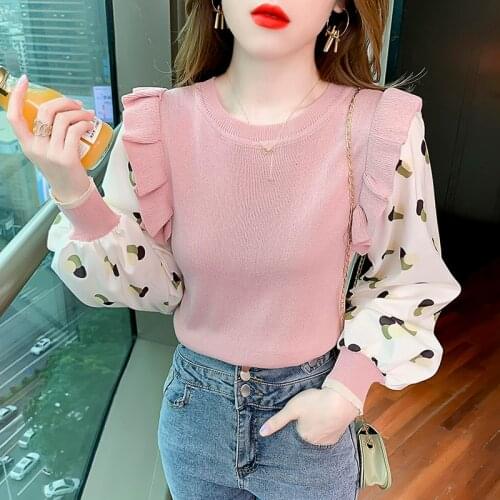New Autumn/Winter 2021 Loose Outer Wear Lantern Sleeves Chiffon Stitching Sweater Women Long Sleeve Knitted Blouse Bottom Shirt