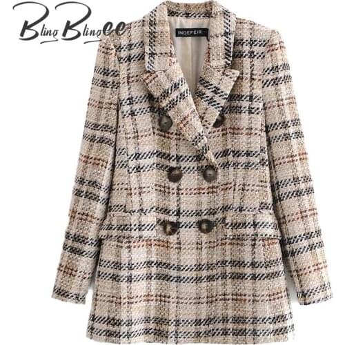 BlingBlingee Vintage Retro Check Pattern Double Breasted Ladies Women Plaid Blazer Skirt Two-Piece Office Lady Work Outfits