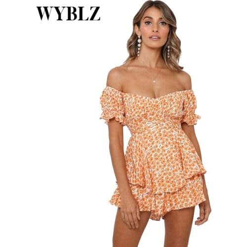 Off Shoulder Lantern Sleeve Womens Jumpsuit Sexy Ruffle Printing Lace Up Female Rompers 2021 Summer Fashion Sweet Lady Clothes