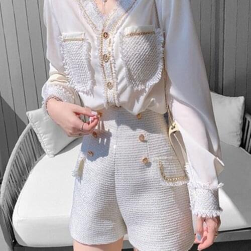 2021 New Two Piece Trousers Outfit Women Long Sleeve V-Neck Chiffon Shirt + Tweed Shorts Suits Fashion 2 Pieces Pants Set