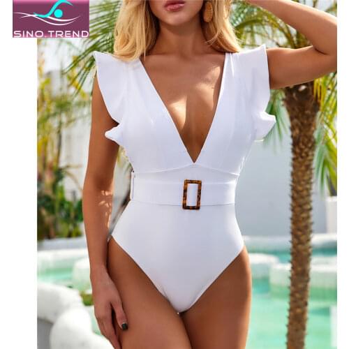 New Sexy Ruffled White Deep V One Piece Swimsuit Women Swimwear Female With Belt Monokini Bather Bathing Suit Swim Lady
