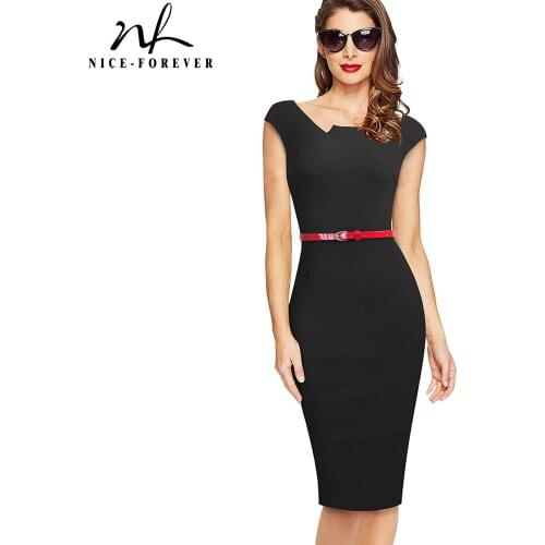 Nice-Forever Summer Elegant Work Office with Belt Dresses Business Party Bodycon Women Sheath Dress B589
