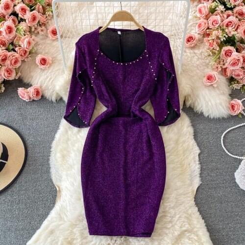 Vintage Womens Dress Summer Solid Collar Square Collar Beading High Waist Dresses Female Mini A-line Vestidos 2021 Fashion