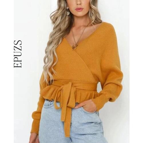 Winter V Neck knitted sweater women Sexy jumper long sleeve sweater casual loose ruffle sweater korean ladies sweaters coats