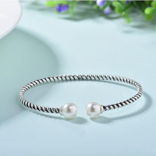 925 Sterling Silver Simple Pearl Smooth Twist Rope Thai Silver Opening Bracelets & Bangles For Women pulseras