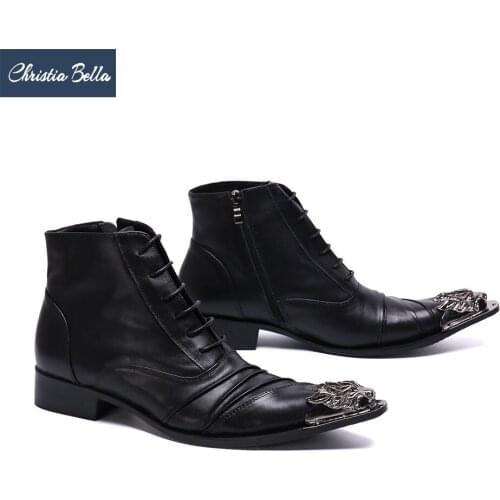 Christia Bella Solid Men Shoes Genuine Leather Boots New Fashion Simplicity Metal Pointed Toe Boots Big Size Zipper Short Boots