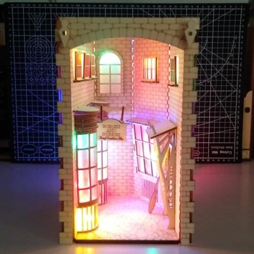 DIY Wooden Diagon Alley Book Nook Shelf Insert Kits Assembled Miniature with Furniture Light Art Bookends Accessories Toys Gifts