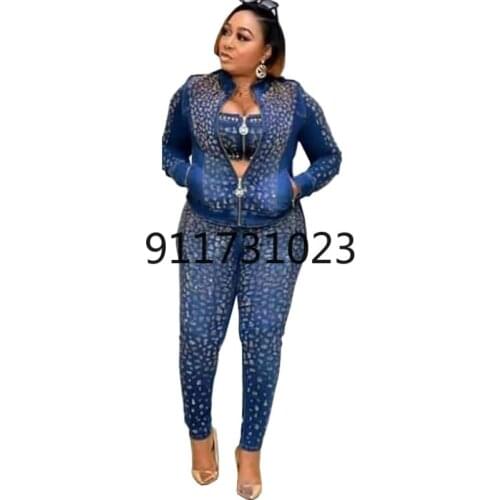 Denim African Clothes Women 3 Piece Set Tank Jacket Tops And Pants Suit Fashion New Stick Diamond Jeans African Clothing Outfits