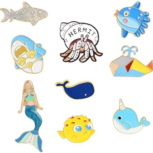 Ocean Animal Enamel Pins Cartoon Cute Hermit Crab Mermaid Shark Whale Squid Dolphin Lapel Pin Badges Gift Friends Kids Wholesale