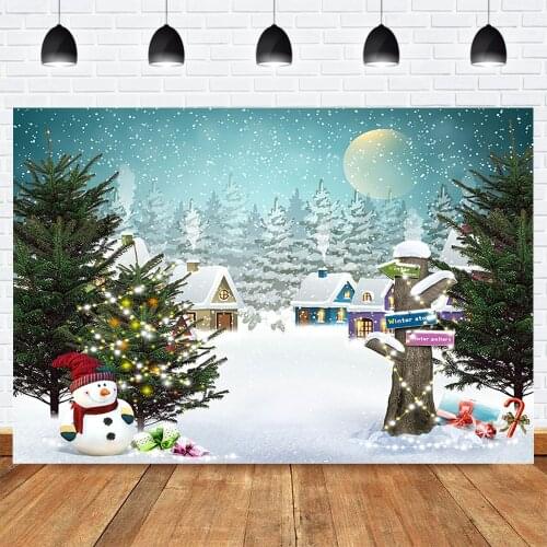 Winter Snow Backdrop for Photography Painting Cartoon Snowy House Forest Christmas Holiday Party Background Snowman Photo Studio