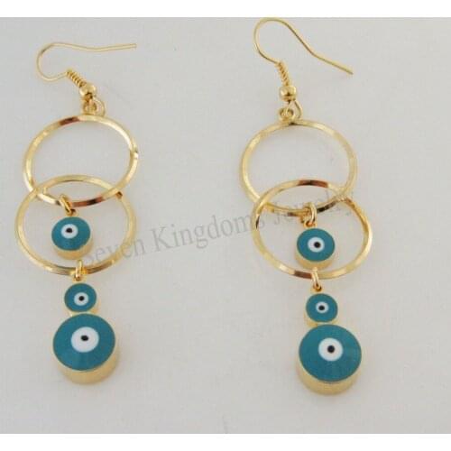 Foromance - YELLOW GOLD GP OVERLAY FILL BRASS EVIL EYES DANGLE 2.6" CIRCLE ROUND EARRING