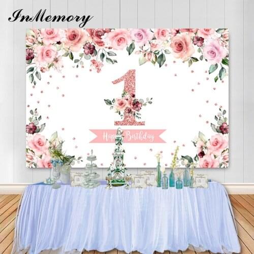 Inmemory Pink Flower Girls 1st Birthday Party Backdrop Glitter Kids Newborn Baby Shower Photography Background Custom Photocall