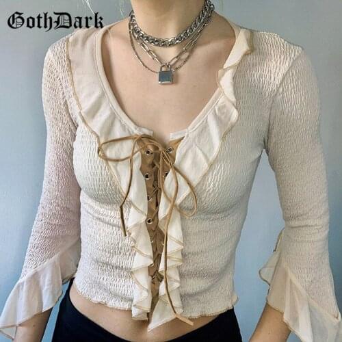 Goth Dark Fairycore Cute Ruffles Women T-shirts Autumn Gothic Flare Sleeve Bodycon Crop Tops Grunge Lace Up Streetwear Blouses