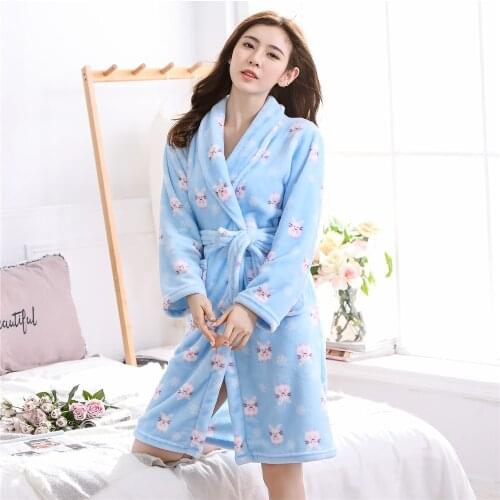 Mid-calf Kimono Bathrobe Gown Nightwear Full Sleeve Intimate Lingerie Winter Home Clothing Print Rabbit Sleepwear For Female
