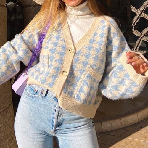 Plaid Print V Neck Cardigan Casual Fashion Loose Button Long Sleeve Sweater Pocket Elegant Spring Autumn 2021 Women Cardigan