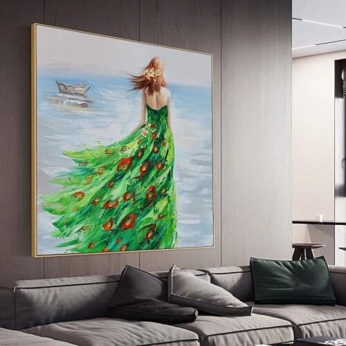 Handmade Oil Painting On Canvas Wall Art Figure Painting Hotel Green Dress Beauty Beach Modern Home Decor Decoracion No Frame