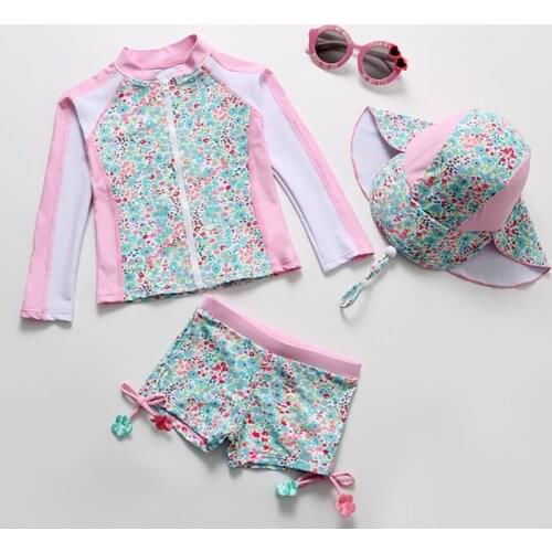 UV Protection Swimsuit Baby Girls Long Sleeve Swimwear UPF50+ Kids Bathing Suits Children Swimming Pool Clothes 3pcs with Hat