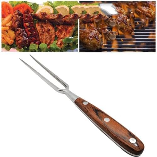 Multifunction Stainless Steel BBQ Fork Creative Wood Handle Barbecue Fork Carving Fork Barbecue Tool
