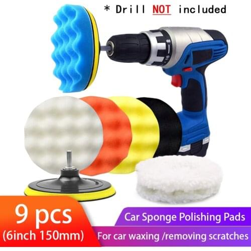 9 Pieces Drill Buffing Pads 6 inch Sponge Polishing Pads Kit With M14 Drill Adapter Wool Bonnet Pad for Cleaning Waxing Dusting