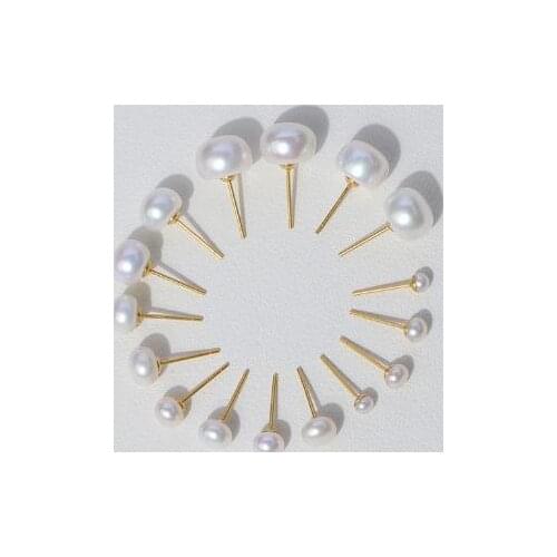 New Favorite Pearl Earrings 4-14mm White Color Real Freshwater Pearls S925 Gold Color Silver Stud Earring Fine Jewelry Lady Gift