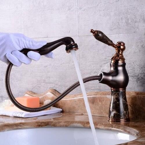 New luxury rose gold brass and jade material faucet bathroom faucets single handle cold hot pull out basin faucet