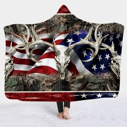 Flag Deer Hunting 3d printed Hooded Blanket Adult child Sherpa Fleece Wearable Blanket Halloween