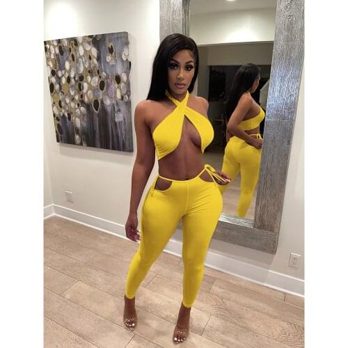 Sexy Summer Women Pants Sets Solid Color Two Pieces Cross Halter Bustier Bra+High Waist Pencil Pants Female Clubwear S-XXL