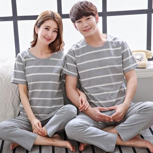 Summer 100% Cotton Couples Pajamas Set Short Sleeve Top Long Pants Sleepwear Men and Women Loose Style Plain Home Suit Pjs Women