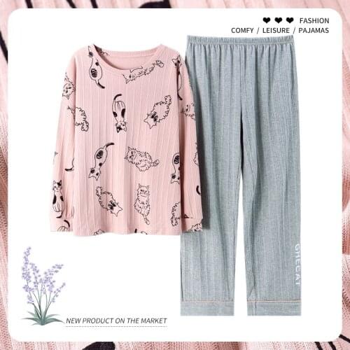 Autumn Winter Kawaii Pink Long Sleeve Women Pajamas Sets Cotton Loose Leisure Gray Sport Home Pants Cute Cartoon Cats Sleepwear