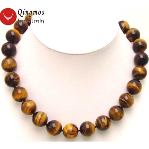 Qingmos Natural Tigers Eye Stone Necklace for Women with 14mm Round Brown Tigers Eye Chokers 17" Jewelry Colar Collier nec5302