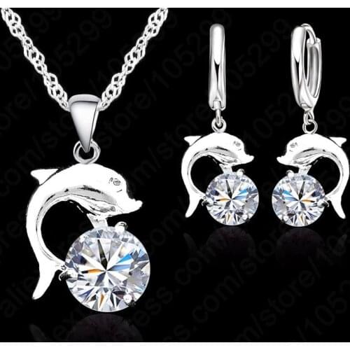 Hot Sale Cute Lovely Dolphin Lever Back Earring Necklace Sets 925 Sterling Silver White Zircon With Crystal Jewelry