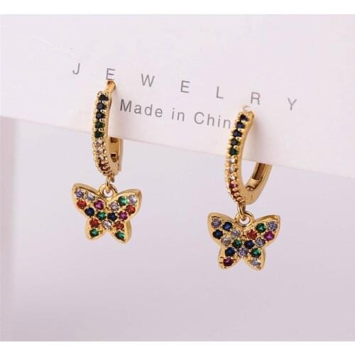 Cute Multicolor Zircon CZ Insect Butterfly Drop Earrings For Women Fashion Copper Metal Gold Color Dangle Earring Jewelry Gift