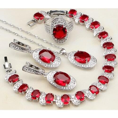 925 Sterling Silver Bridal Jewelry Red Cubic Zirconia White CZ Jewelry Sets For Women Earrings/Pendant/Necklace/Bracelet/Ring