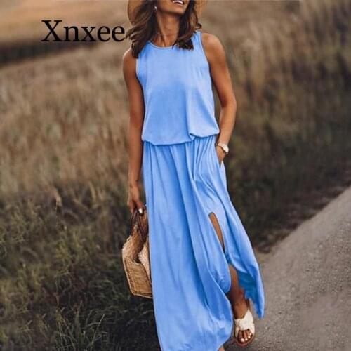 Womens Boho Loose Split Maxi Dresses Sleeveless Elastic Waist Long Dress Female 2020 Spring Summer Lady Beach Dresses Plus Size