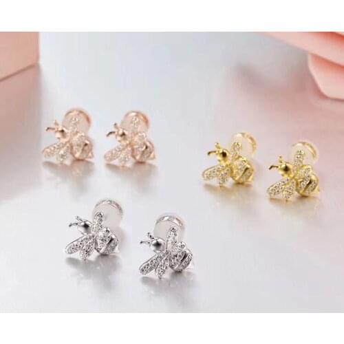 SLJELY Really 925 Sterling Silver Gold Color Cute Bee Stud Earrings Inlay Zircon CZ Women Brand Designer Fashion Party Jewelry